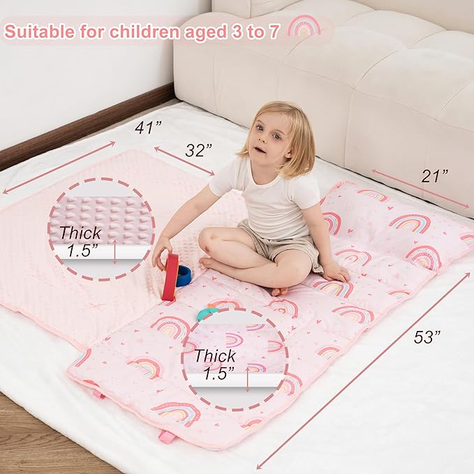 Viviland Toddler Nap Mat with Pillow and Minky Dot Blanket, Large Thick Rolled Sleeping/Slumber Bags, Kids Girls Sleeping Mat for Preschool, Daycare, Kindergarten, Travel Camping- Pink Rainbow