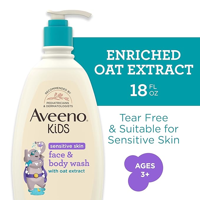 Aveeno Kids Sensitive Skin Face and Body Wash with Oat Extract, Gently Washes Away Dirt and Germs Without Drying, Tear-Free, Hypoallergenic Kids Body Wash, 18 fl. oz, 2 Pack