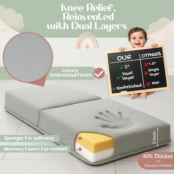 2inch XL Baby Bath Kneeler and Elbow Rest Pad Set + Hooded Towel - Embroidered Kneeling Pad for Bathing Baby - Dual-Layer Memory Foam Bathtub Kneeler and Elbow Rest Set