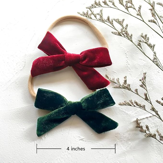 Cherssy Velvet Baby Bow Headbands, 10pcs Handmade Nylon Hairbands Red Green Hair Accessories for Newborn, Infant, Toddler, Baby Girls