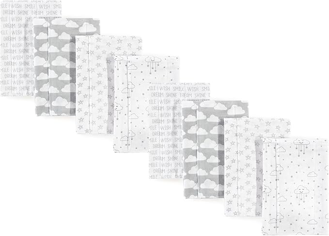 Hudson Baby Cotton Poly Flannel Burp Cloths Multipack, Gray Clouds 8-Pack, One Size