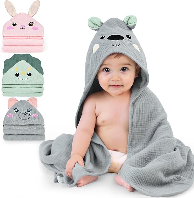FIOBEE Hooded Baby Towels 100% Muslin Baby Bath Towels for Newborn with Animal Design Ultra-Soft and Absorbent Bath Essentials for Toddler, Unisex Girls Boys 30 x 30 inch, Gray Bear
