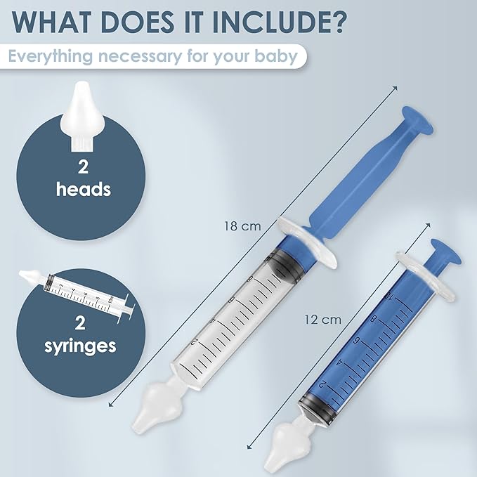 Bluet B - Baby Nasal Syringe (2-Pack) - Safe Silicone Nasal Aspirator for Newborn - Infant Mucus Removal - 10ml Nose Cleaner Syringe for Baby - Toddler Congestion Relief - Reusable Tips - Blue