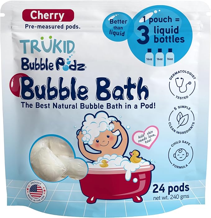 TruKid Bubble Podz Bubble Bath for Kids, Toddlers, & Babies, Tear Free Gentle & Refreshing Bath Bomb for Sensitive Skin with Natural Moisturizers, Non-Toxic, pH Balanced, Cherry Scent (24 Podz)
