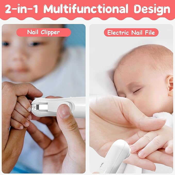 Baby Electric Nail Trimmer Baby Nail Clippers, Safe Nail Filer Grinder Kit for Newborn Infant Toddler Kids or Adults Toenails Fingernails Care Trim Polish, with Led Light and 6 Grinding Heads