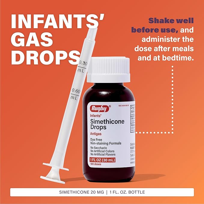 Rugby Dye-Free Infants' Gas Drops - Simethicone 20 mg Liquid Drops for Newborns, Babies, Toddlers, and Kids - Fast Relief from Gas Discomfort - No Artificial Colors or Flavors - 1 Fl. Oz. (1 Pack)