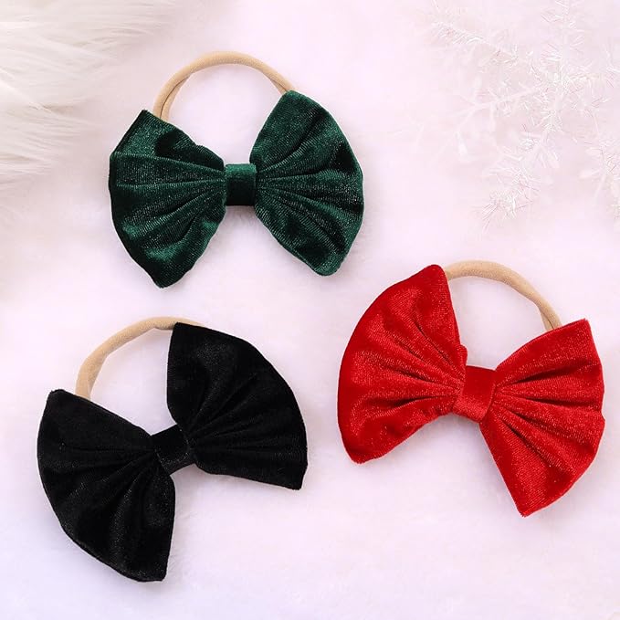 Velvet Baby Girls Headbands, Black Newborns Bows Elastic Nylon Hairbands for Infants Toddlers Hair Accessories,Pack of 3 (Black+Red+Green)
