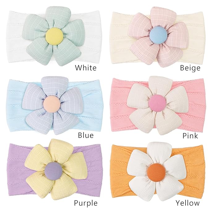 CÉLLOT 6 Pcs Baby Flower Headbands Nylon Hairbands Baby Girl Flower Bows Hair Accessories for Newborn Infant Toddler Essentials (Bright Color Series)