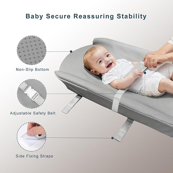 Wipeable Baby Changing Pad for Dresser, Portable Changing Pad with Restraining Belt, Soft & Non-Slip Waterproof Lightweight Changing Table Pad, Easy to Clean for On The Go Diaper Change (Gray)