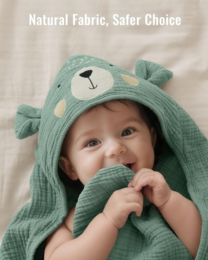 Blissful Diary Muslin Baby Hooded Towel 2 Pack, Soft & Absorbent Bath Towel for Infant, Toddler, Unisex, Baby Gift, Newborn Essentials, Bear & Duck
