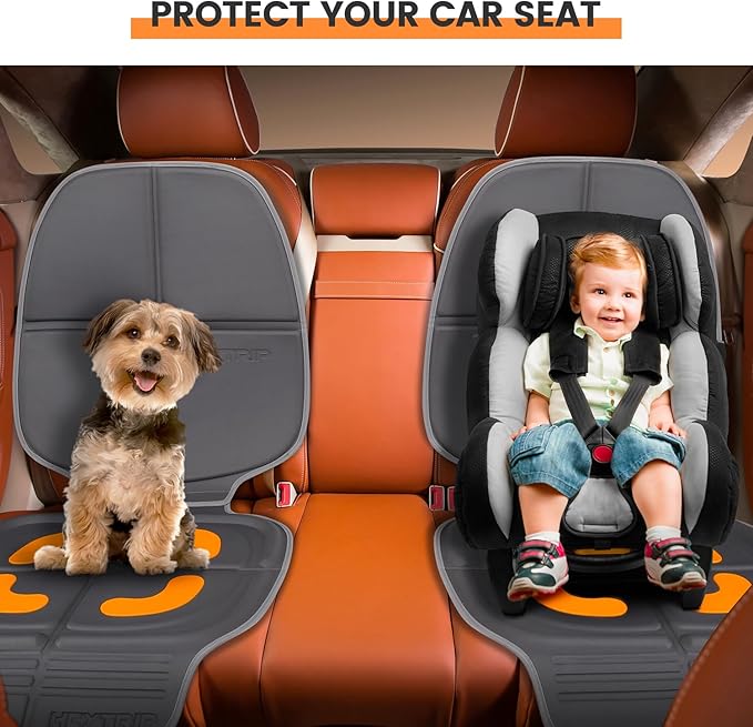 HEYTRIP Car Seat Protector, 2 Packs, Rear-Facing/Forward Facing Car Seat Mat for 0~12 Years Old Children, Waterproof, Easy Cleanup, Non-Slip, Fit Most Car Seats(Dark Grey Orange)