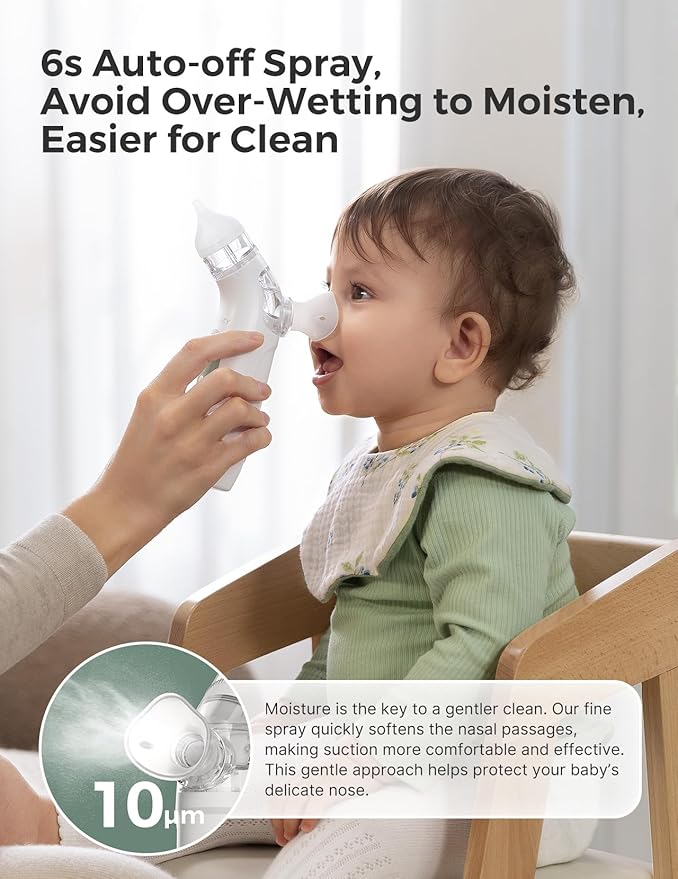 Momcozy BreezyClear™ 2-in-1 Electric Nasal Aspirator for Baby with Spray, 65kPa Hospital-Grade Suction, 4 Adjustable Levels, Quiet & Portable Nose Cleaner with Soothing Light & Music