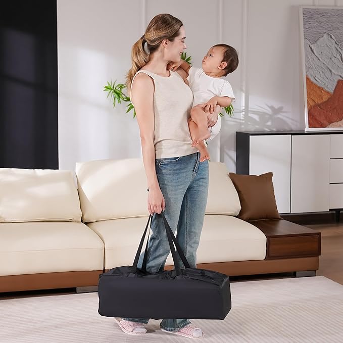 Pamo Babe Compact Pack and Play - Portable Crib for Baby, Lightweight Foldable Travel Playard with Mattress Pad & Carry Bag, Safe Breathable Travel Bed for Home, Trips & Family Visits, Cute Pattern