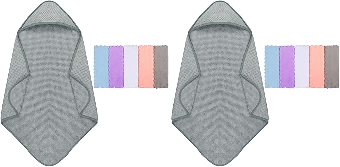 Orighty Baby Hooded Towel with Five Washcloths, 28 x 28 Inch Super Soft Bath Towel with Hood for Babies, Infant, Newborn Essential - Ideal Baby Stuff Registry for Boys and Girls (Grey) (Pack of 2)