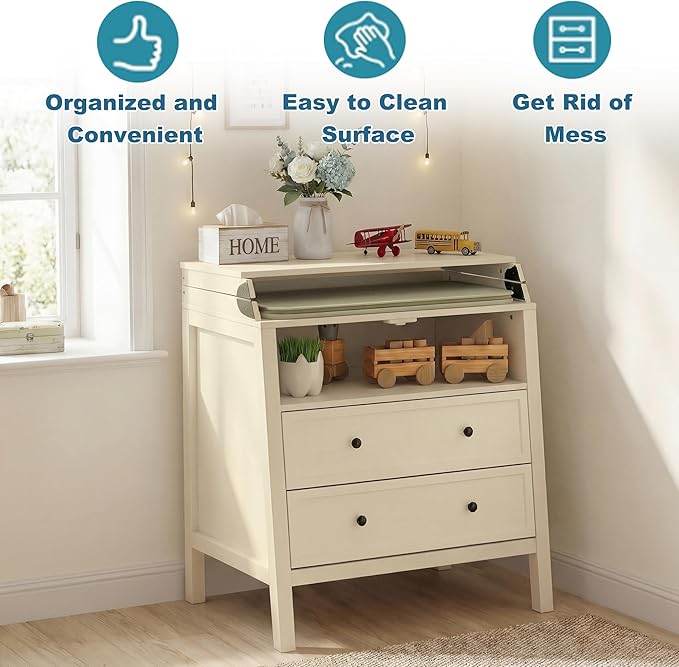 UbabyNest Baby Changing Table with Foldable Tabletop, Baby Dresser with 2 Wide Drawers & Open Storage Space, Modern Diaper Changing Station, Perfect for Nursery, Beige (Pad Not Included)