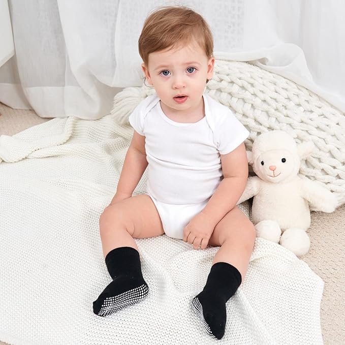 ZAPLES Baby Non Slip Grip Crew Socks with Anti Skid Soles for Infants Toddlers Kids Boys Girls