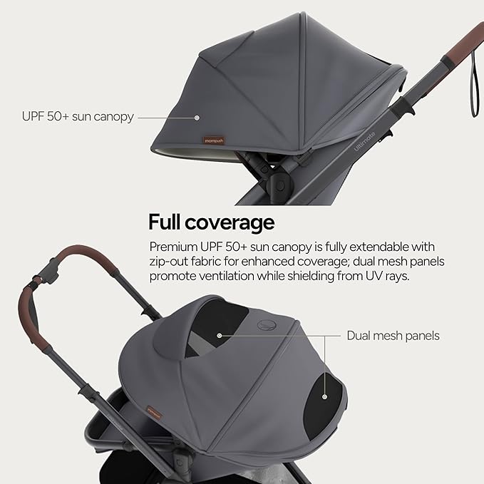 Mompush Ultimate 3 Full Size Baby Stroller from Newborn to 50 lbs - All-Terrain Large Wheels with Full Suspension, Reversible & Extendable Seat for Growing Kids, One-Second Compact Fold