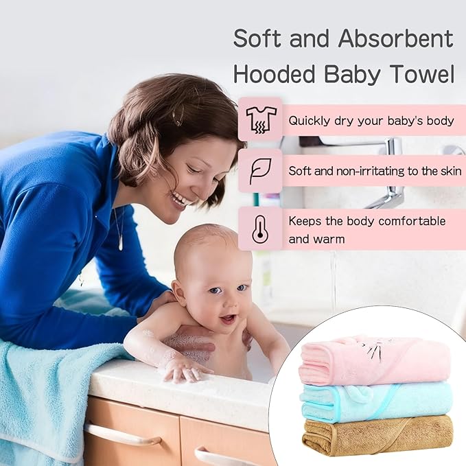 12 PCS Baby Bath Towels Set, 3 PCS Hooded Baby Towels & 9 PCS Washcloths, 32x32 Inches Ultra Absorbent Cute Soft Newborn Essentials Gift for Boys & Girls (Pink + Brown + Blue)