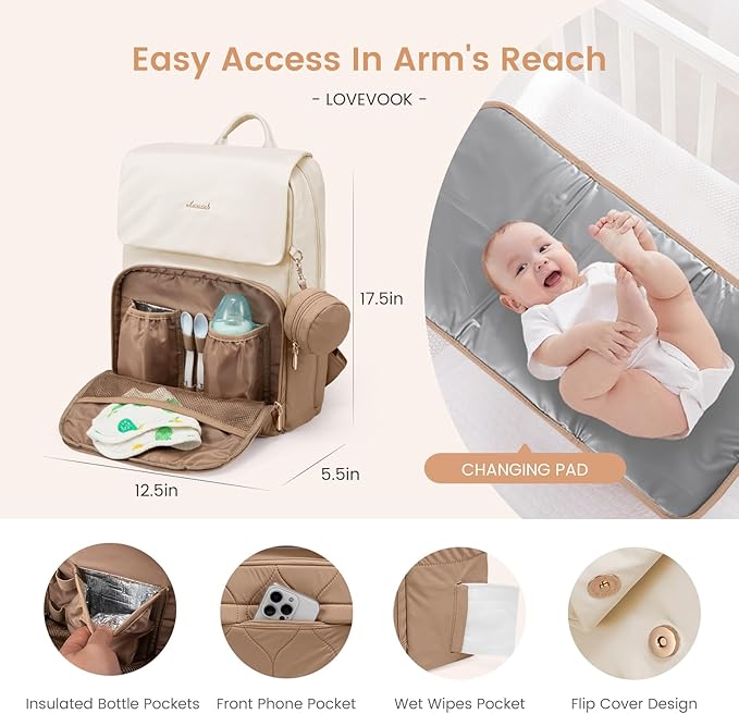 LOVEVOOK Diaper Bag Backpack, Baby Travel Bags for Boys & Girl, Toddler Waterproof Diaper Bag w/Changing Pad (Beige khaki, 17.3''-Large)