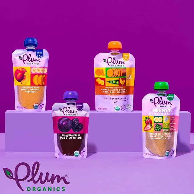 Plum Organics - 4+ Months Organic Baby Food Pouches - Just Punes - Non-GMO - Fruit & Veggie Blends On-The-Go Pouches for Baby & Toddler Meals - Quality Tested Ingredients - 3.5 oz (Pack Of 12)