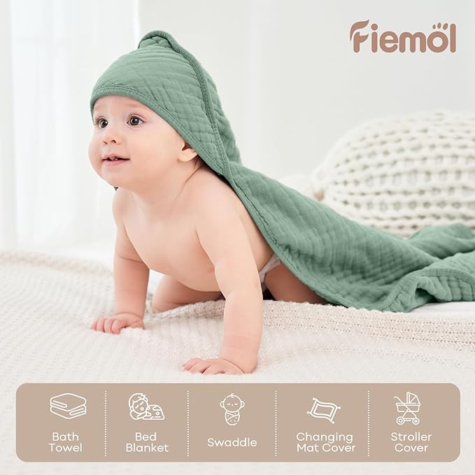 Baby Bath Towels, 100% Muslin Cotton Hooded Baby Towels for Newborn, 2 Pack Baby Towels with Hood for Infant Toddler and Kids, Large 32x32Inch, Soft and Absorbent