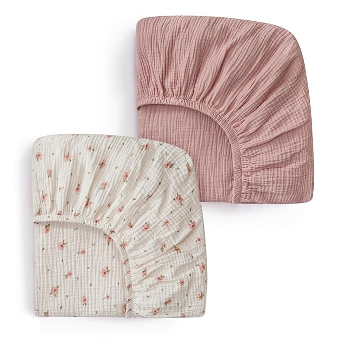 Blissful Diary Muslin Bassinet Sheets for Baby Girls Boys, Boho Soft Cotton Fitted for Oval Hourglass Rectangle Mattress, 2 Pack(Pink Floral&Light Pink)