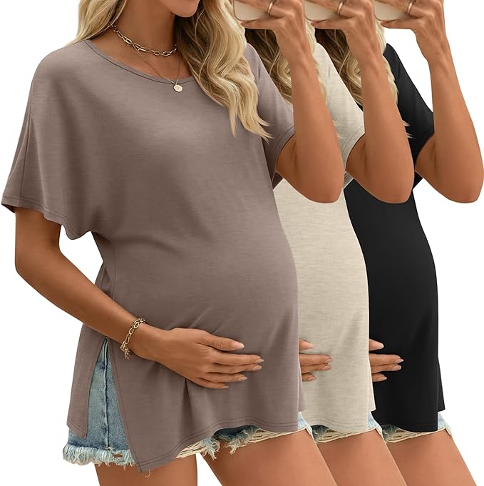 Riyiper 3 Pack Women's Maternity Tunic Shirts Cotton Summer Pregnancy Clothes Loose Oversized Split Side Blouse Tops