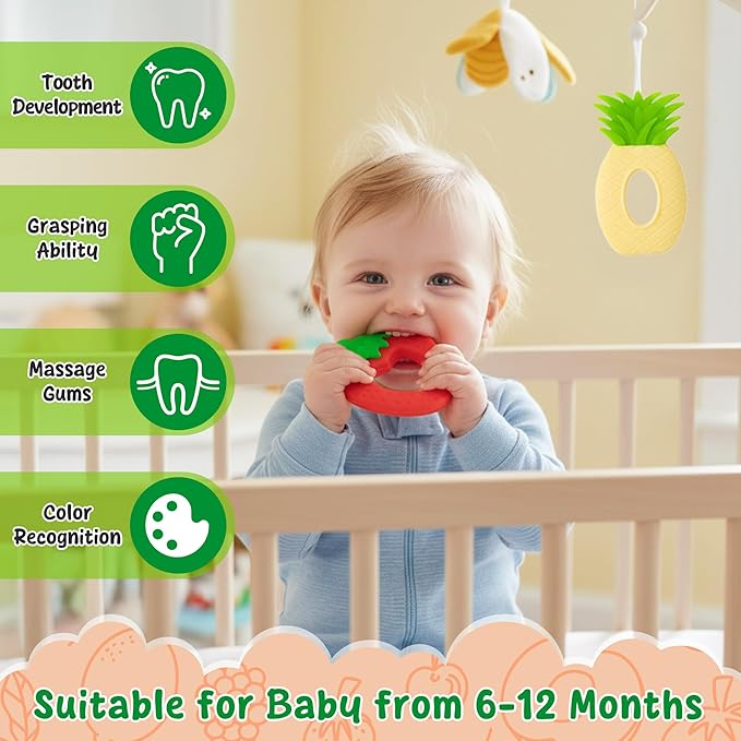 Silicone Teething Toy for Babies - 2Pcs Strawberry Grape Soft Sore Gums Pain Teether Infant Summer Fruit Themed Food Grade Teething Relief Chew Toy for Toddler Birthday Newborn 6-12 Months Baby Shower