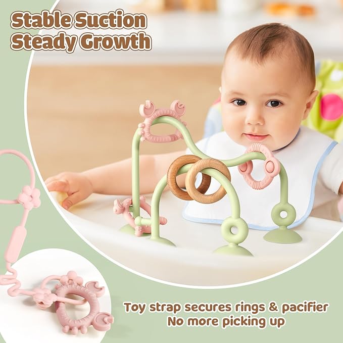 Baby Silicone Teether Sensory Toys: High Chair Suction Cup Toys, Teething Relief Tactile Developmental Toys for Babies, Baby Einstein Activity Toys for Table, Airplane Travel, 0-6 6-12 Months