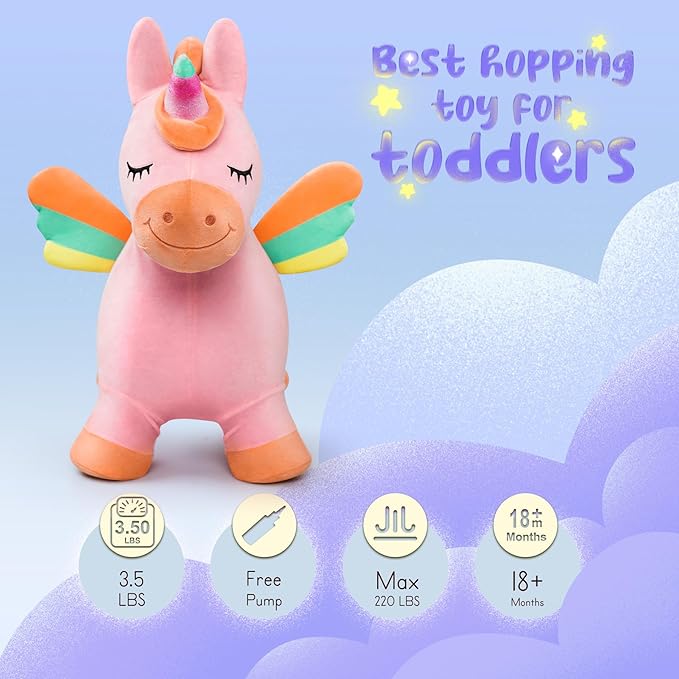 U&C Planet Pink Unicorn Bouncy Horse for Toddlers, Bouncy Animals for Toddlers, Animal Hopper Bouncing Toys Gift for 18 Months 2 3 4 5 6 Years Old Outdoor Indoor with Pump