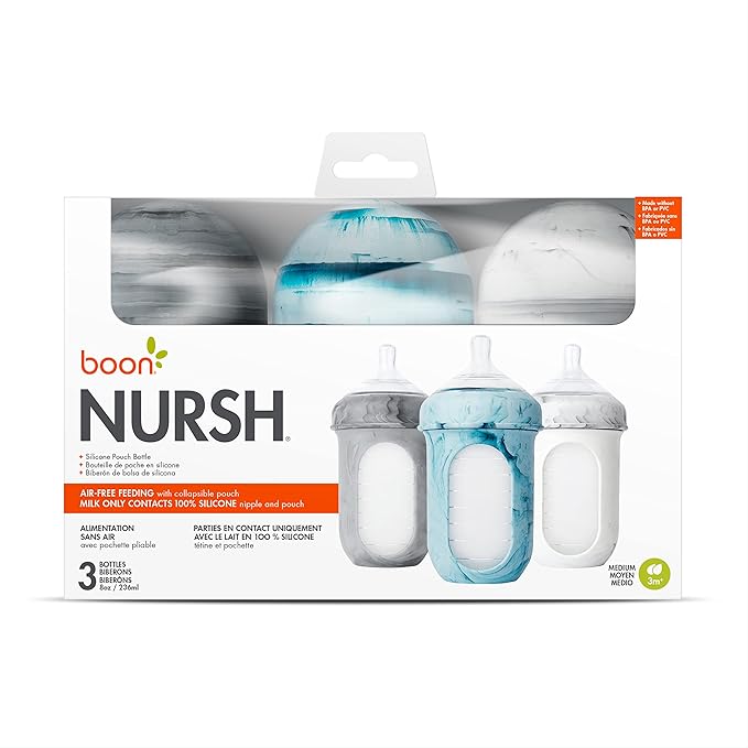 Boon Nursh Bottles - Silicone Baby Bottles Help Ease Colic Symptoms - Formula and Breast Milk Only Touch Food-Grade Silicone - Medium Flow - 8 Oz - Tie Dye