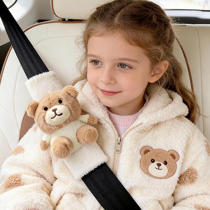 2 PCS Seat Belt Cover Pad, Cute Kawaii Animal Bear Seatbelt Covers for Kids and Adults, Winter Plush Fluffy Soft Seat Belt Cover, Cartoon Seatbelt Cushion,Car Seat Strap Pads (D-Bear)