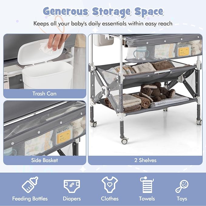 HONEY JOY Changing Table, Foldable Baby Mobile Nursery Organizer w/Wheels, Adjustable Heights, Storage Bag & Shelves, Waterproof Diaper Changing Station Dresser, Portable for Newborn Infant (Gray)