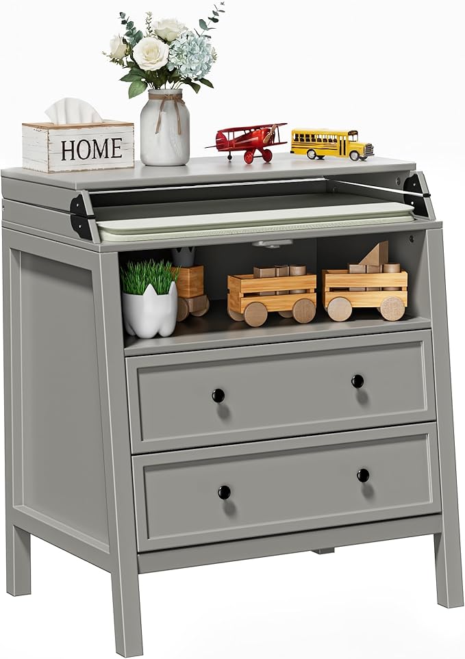 UbabyNest Baby Changing Table with Foldable Tabletop, Baby Dresser with 2 Wide Drawers & Open Storage Space, Modern Diaper Changing Station, Perfect for Nursery, Grey (Pad Not Included)