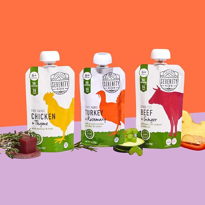 Serenity Kids 6+ Months Baby Food Puree Pouches - Turkey & Rosemary - Nutrient Packed 5g Protein & Vegetables - No Added Sugar for Baby Meals - Portable Food Pouch for Toddler Snacks - 3.5 Oz, 12 Pack