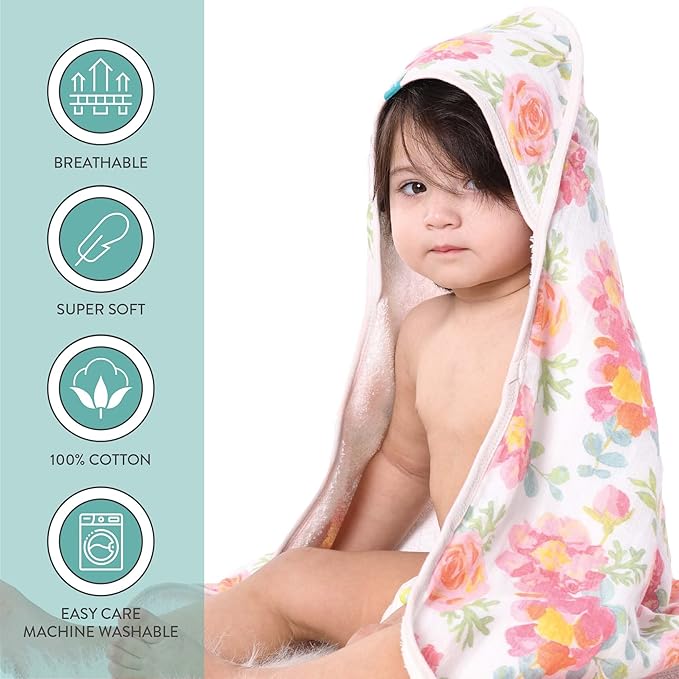 Featherhead™ 5-Piece 100% Cotton Muslin Hooded Bath Towel & Washcloths Set for Baby Girl - Ultra Soft and Extra Absorbent - Newborn Essential & Perfect Baby Registry Gift (Garden Floral)