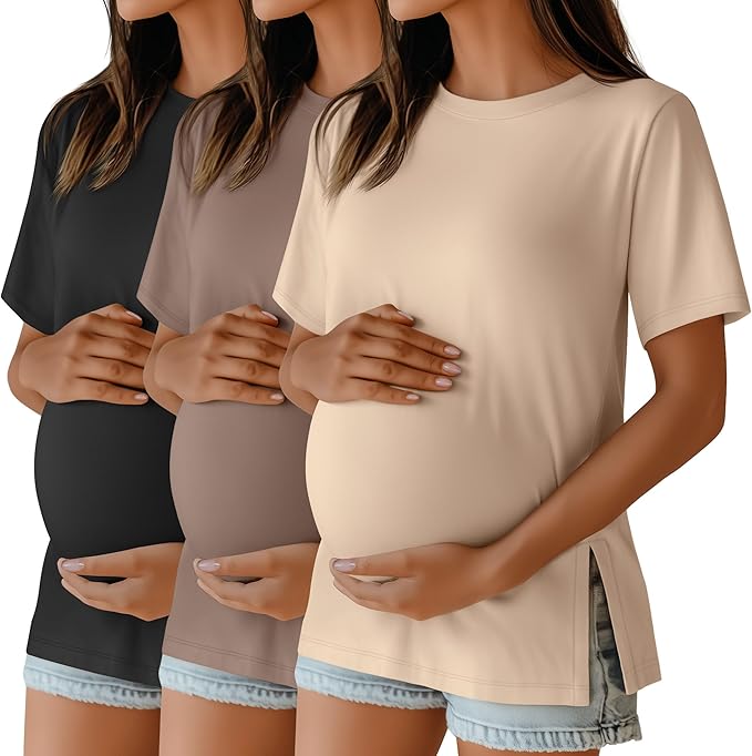 Ficerd 3 Pack Women's Maternity T Shirts, Short Sleeve Side Split Pregnancy Tops Casual Crew Neck Pregnant Tees Mama Clothes