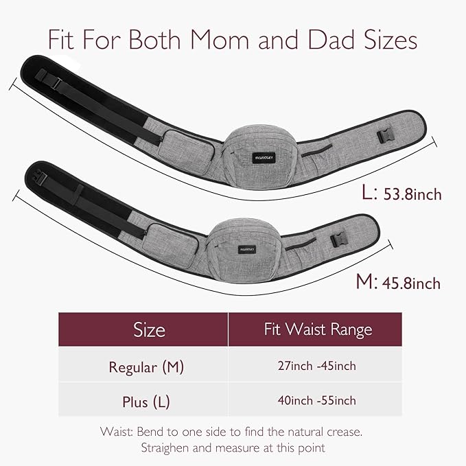 Momcozy Hip Seat Baby Carrier - Adjustable Waistband with Original 3D Belly Protector & EVA Massage Board, Ergonomic Carrier with Various Pockets for Newborns & Toddlers up to 45lbs (Grey, Large)