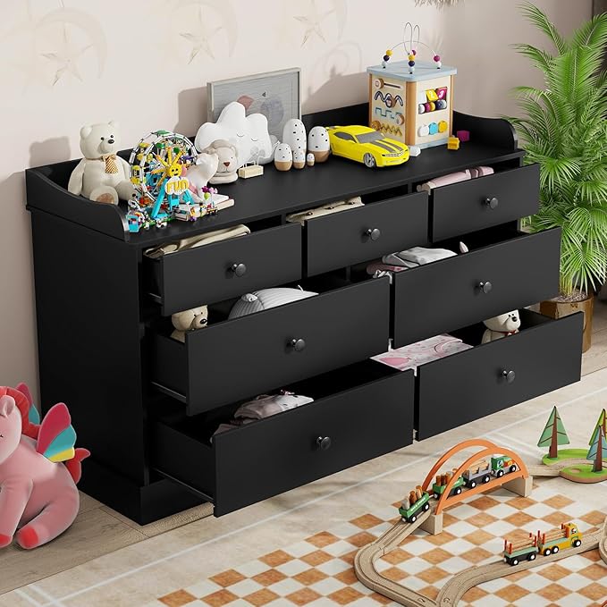 Vabches Kids Dresser Cabinet with 7 Drawers, Changing Table for Nursery, White Chest of Drawers, Baby Dresser, Kids Bedroom Furniture, Nightstand for Child’s Room, Black