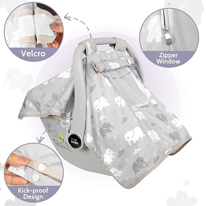 Baby Carseat Seat Cover Boys, Winter Carseat Canopy, Cozy & Warm Cover with Zipper Peep Windows, Infant Minky Carrier Cover, Soft Breathable, Baby Must Have, Grey Elephant