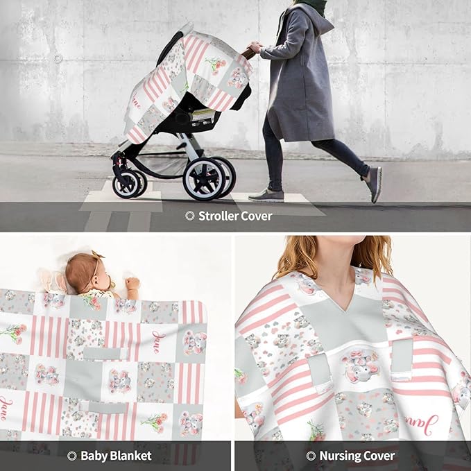 Personalized Floral Elephants Baby Car Seat Canopy for Babies with Name, Custom Car Seat Covers for Girls, Opening Minky Nursing Breastfeeding Cover Infant Carseat Canopies for Newborn