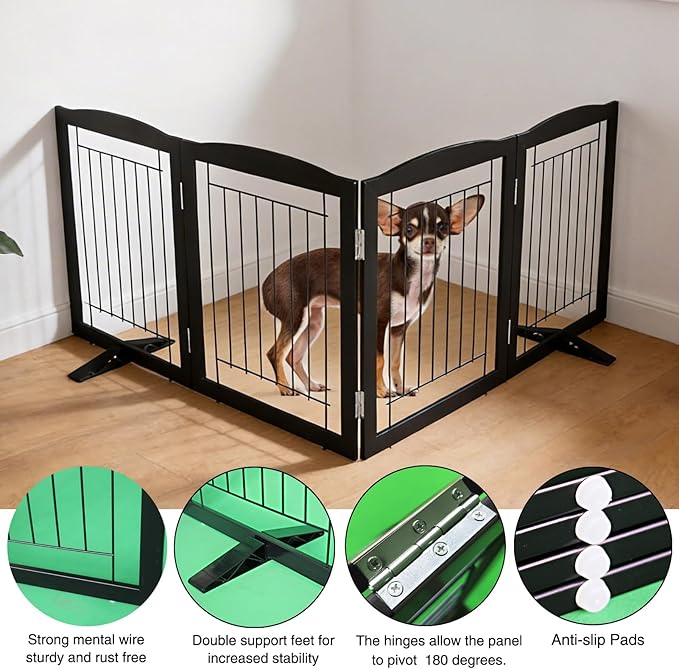 ZJSF Freestanding Dog Fence Indoor, Foldable Dog Gate for Doorways, Stairs or Hallways, Sturdy Wood Extra Wide Pet Gate with Support Feet for The House, Black, 32 "Height-4 Panels