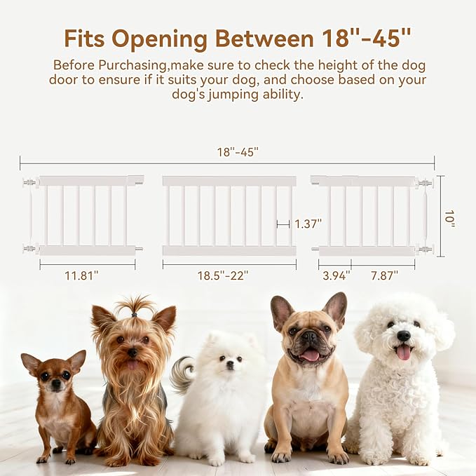 Dog Gate - 18"-45" Adjustable Extra Wide Metal Baby Gate to Step Over, 10" Tall Small Pet Gate with 3 Extension Kits, Pressure Mounted for Doorways & Stairs