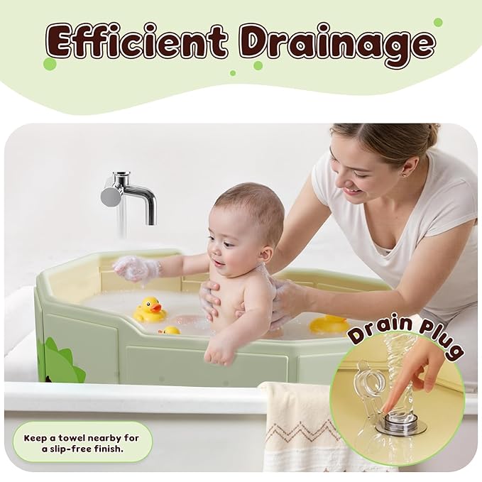 Collapsible Baby Bathtub for Shower, Portable Foldable Toddler Bath Tub with Non-Slip Base, Compact Travel Essentials for Kids & Infants, Easy Storage in Small Spaces, Dinosaur Pattern