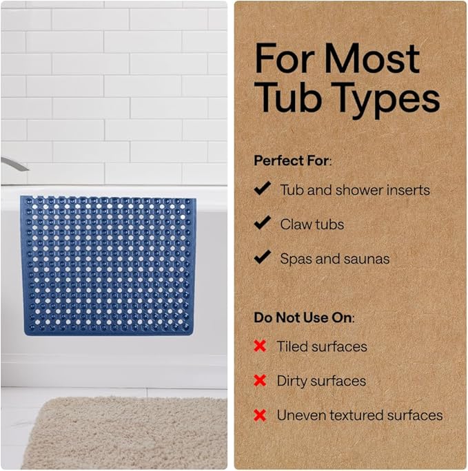GORILLA GRIP Patented Bath Tub Shower Mat, Machine Washable Bathtub Floor Liner Mats, Suction Cups and Drain Holes to Keep Tubs Clean, Soft on Feet, Bathroom Essentials, 35x16 Inch, Clear Navy