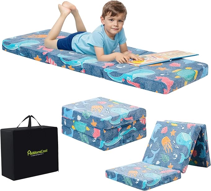 MeMoreCool Foldable Floor Mattress for Kids, Glow Trifold Mat, Kids Folding Mattress Portable Futon, 57x22 Inch Blue