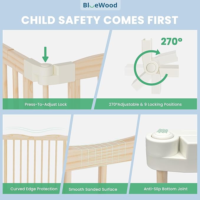 Foldable Wooden Playpen - Adjustable Wood Baby Play Yard with Child-Proof Lock, Indoor Large Safety Fence for Babies and Toddlers - Easy Assembly, 30 x 30 x 24 inches, Nature Nest