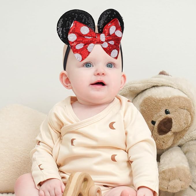 choicbaby 3 PCS 5 Inches Mouse Ears Sequin Bow Nylon Hairband with Polka Dot Cute Baby Headbands Soft Hairbands Hair Accessories for Newborn Infant Toddler Party Supplies
