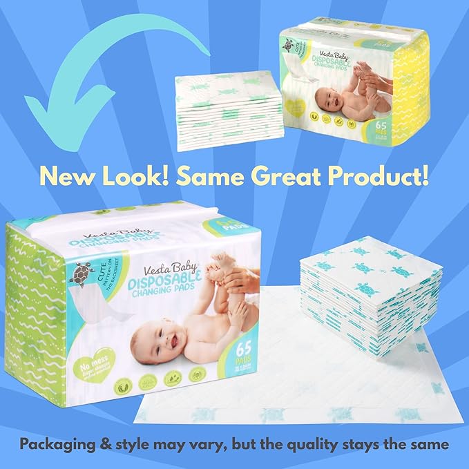 Vesta Baby 65 Disposable Changing Pads - Soft Absorbent Leak Proof Pee Mats - White Portable Diaper Change Underpads for Bed & Table Protection - 15" x 20" Waterproof Liners
