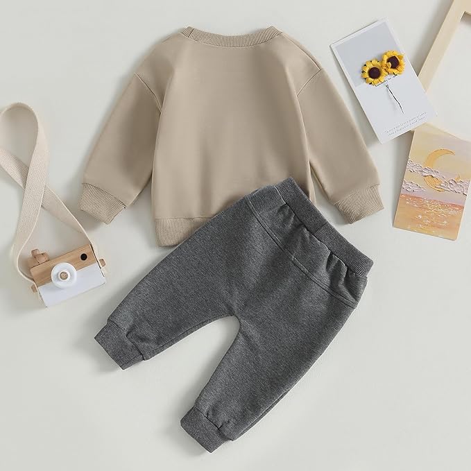 Toddler Baby Boy Clothes Solid Color Long Sleeve Crewneck Sweatshirt Top Casual Pants Set 2Pcs Fall Winter Outfits